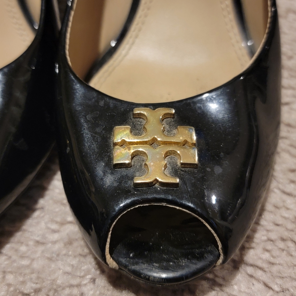 Tory Burch Jade Black Patent Peep Toe Wedges Heels Size 7.5 - Picture 7 of 12
